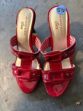 Anne Klein Red Patent Slide Mules with Buckle Detail